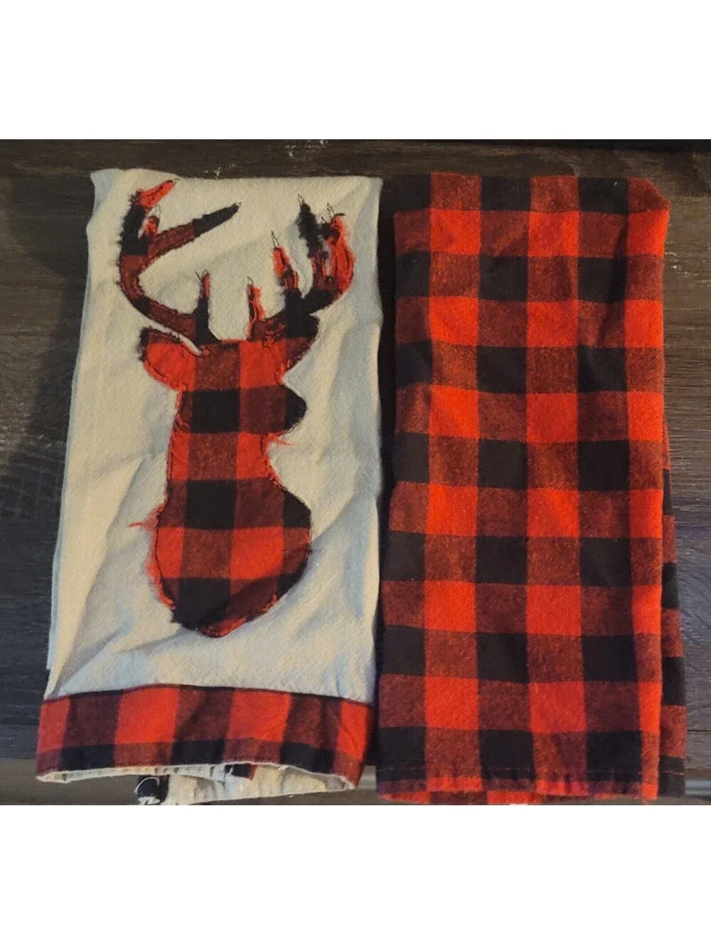 WINTER WONDER LANE BUFFALO CHECK REINDEER LINEN KITCHEN SET OF TWO (2) TOWELS